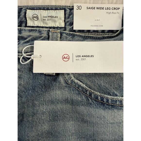 AG Saige Wide Leg Crop Jeans Women's 30 Blue High Rise Raw Hem Distressed Denim - Picture 4 of 9